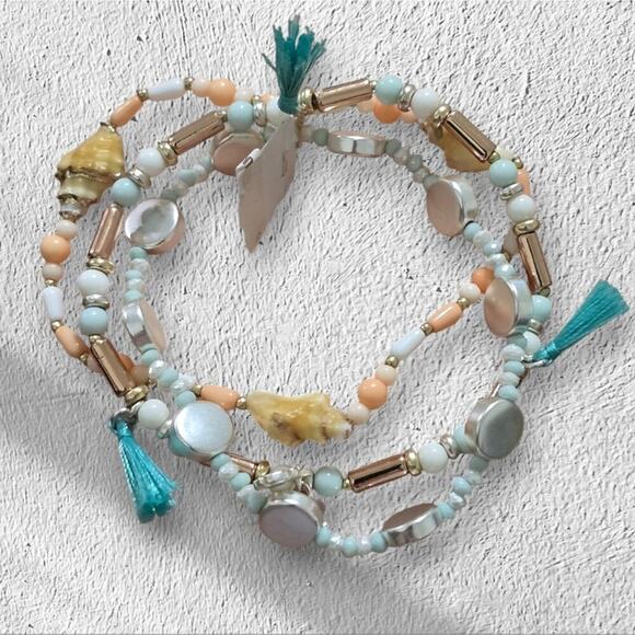 Lucky brand Triple Stretch Bracelets Shell Turquoise Tassel‎ Disc Bundle New - Picture 1 of 6